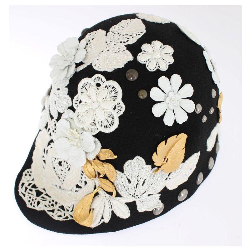 Dolce & Gabbana Elegant Black Floral Wool Cloche Hat Hat Dolce & Gabbana