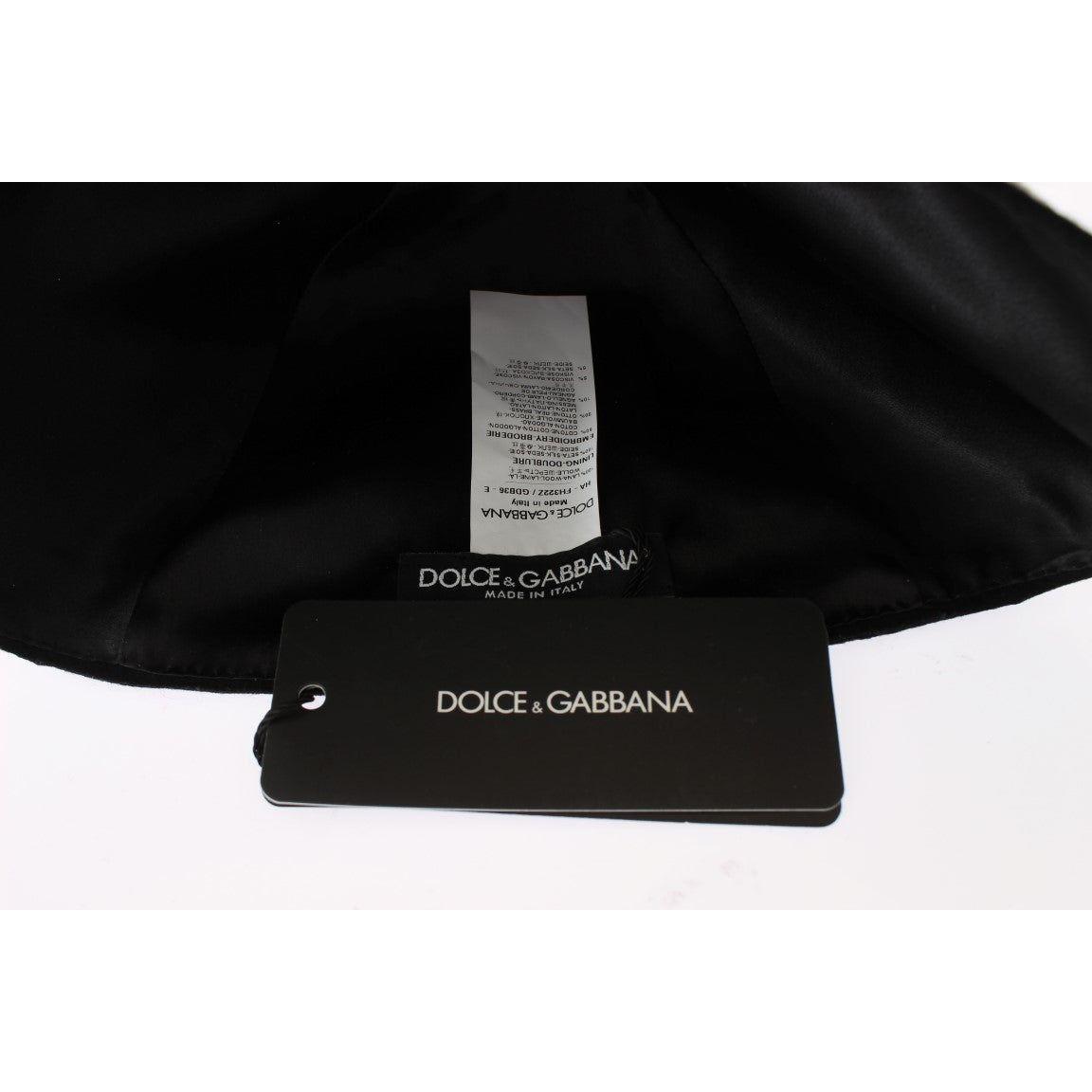 Dolce & Gabbana Elegant Black Floral Wool Cloche Hat Hat Dolce & Gabbana