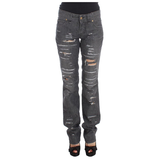 John Galliano Gray Wash Cotton Torn Straight Fit Jeans John Galliano