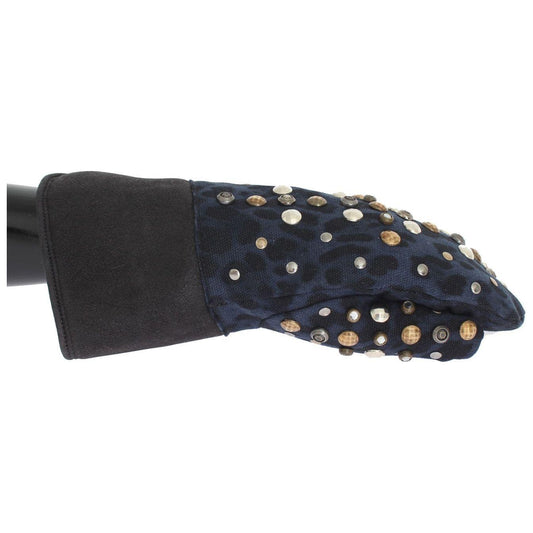 Dolce & Gabbana Gray Wool Shearling Studded Blue Leopard Gloves Dolce & Gabbana