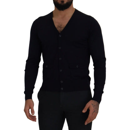 Dolce & Gabbana Blue Wool STAFF Down Cardigan Sweater
