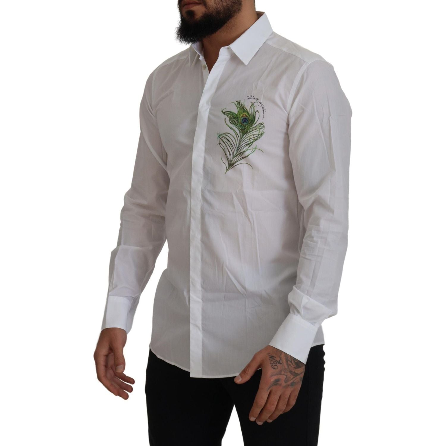 Dolce & Gabbana White Cotton Peacock Feather Formal GOLD Shirt