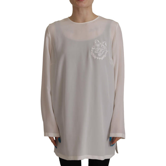 Dolce & Gabbana White Silk DG Logo Embroidered Long Sleeves Blouse