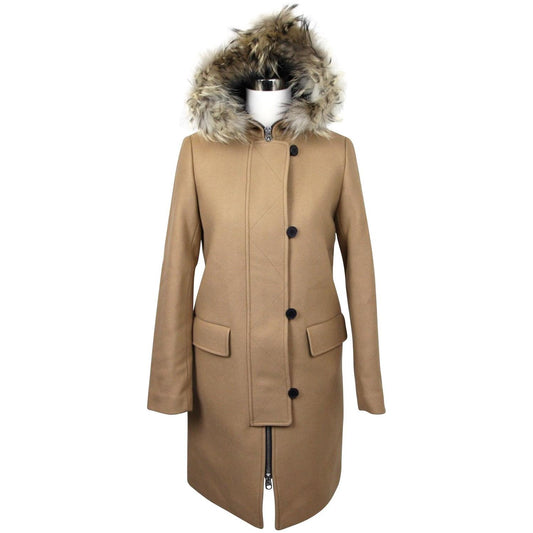 Sandro Women's Camel Kurt Wool Coat Fur Trim Hood Sandro