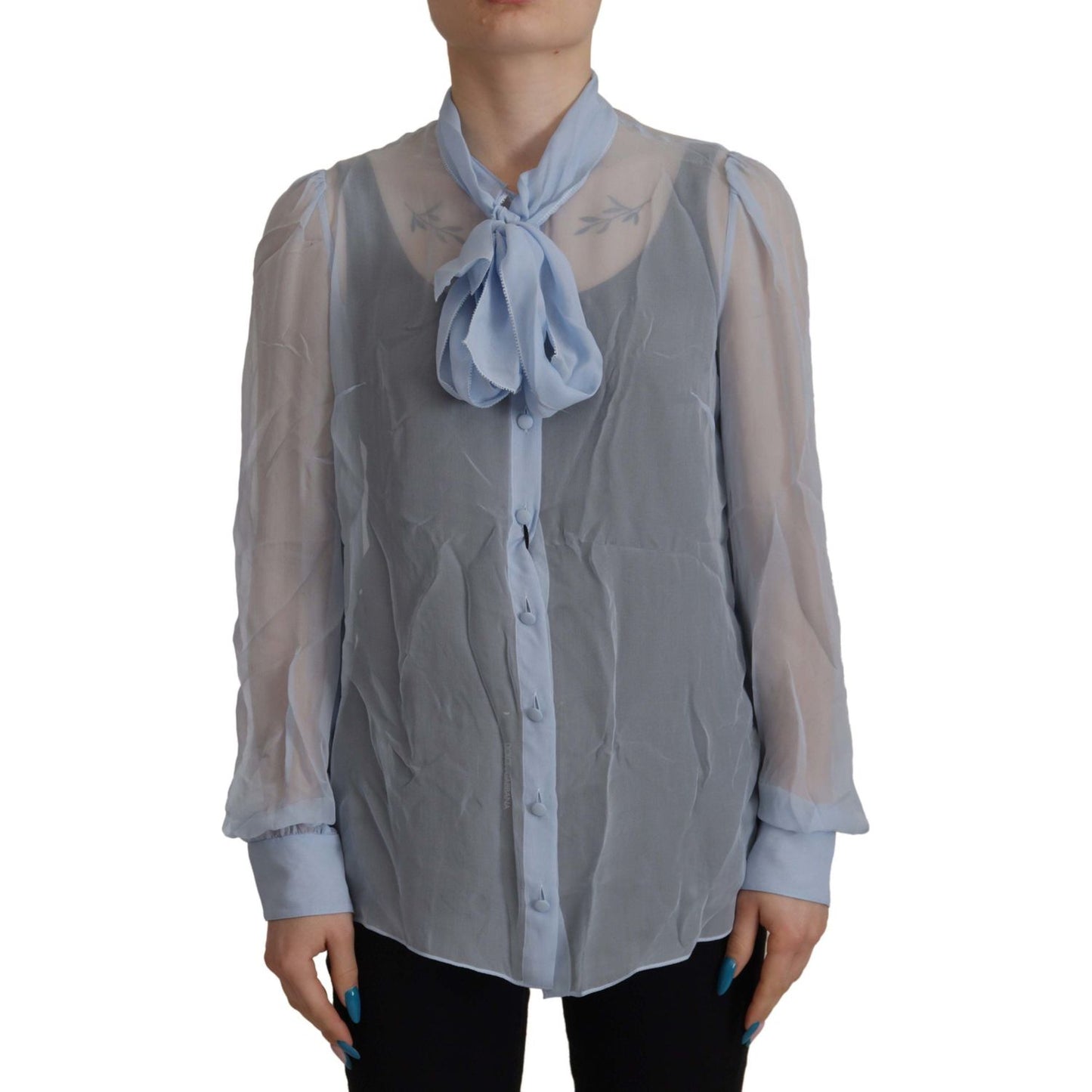 Dolce & Gabbana Elegant Silk Ascot Collar Blouse in Light Blue Dolce & Gabbana