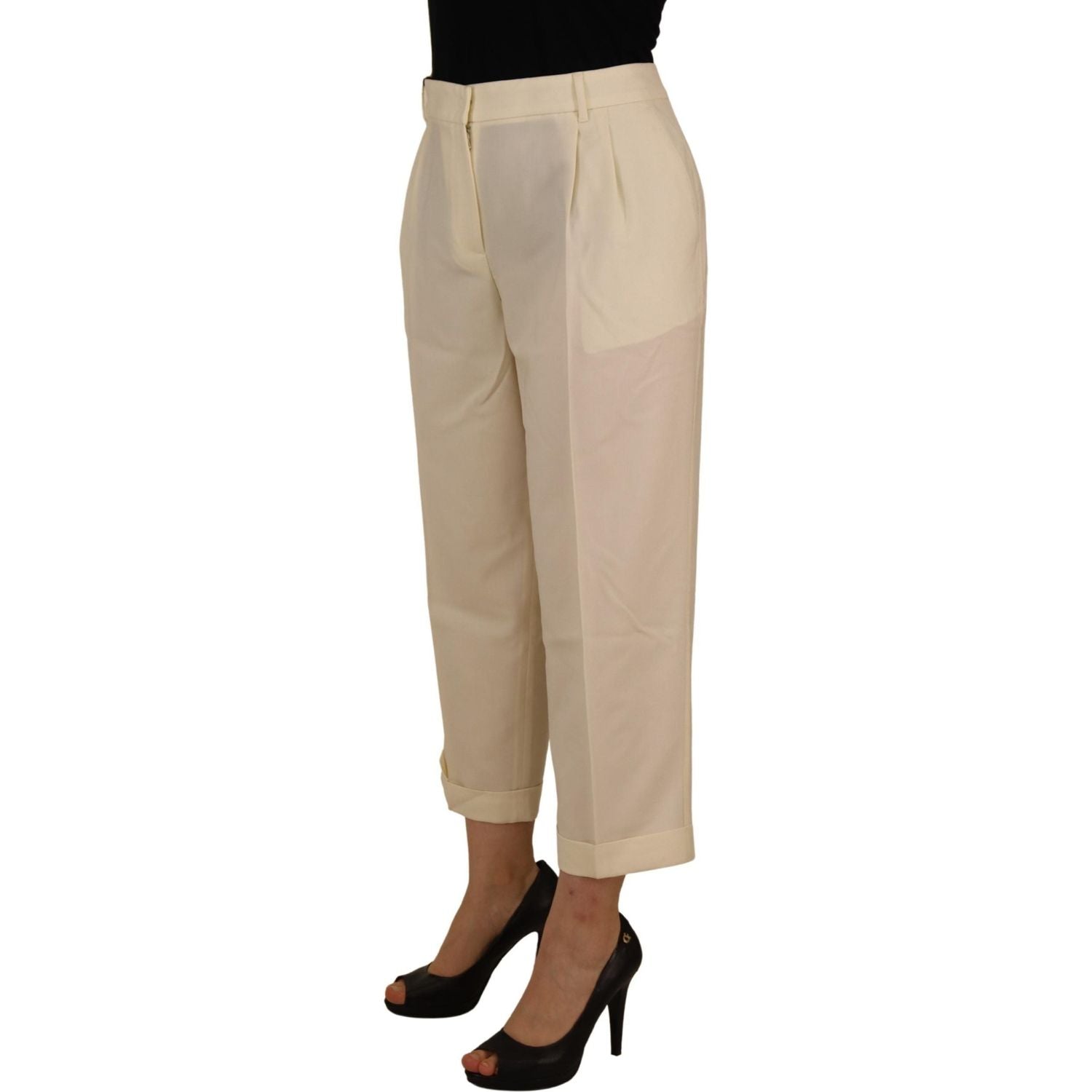 Dolce & Gabbana Ivory High Waist Cropped Folded Hem Trousers Pants