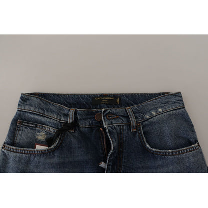 Dolce & Gabbana Blue Denim Baroque Heart Logo Patch Pants Jeans