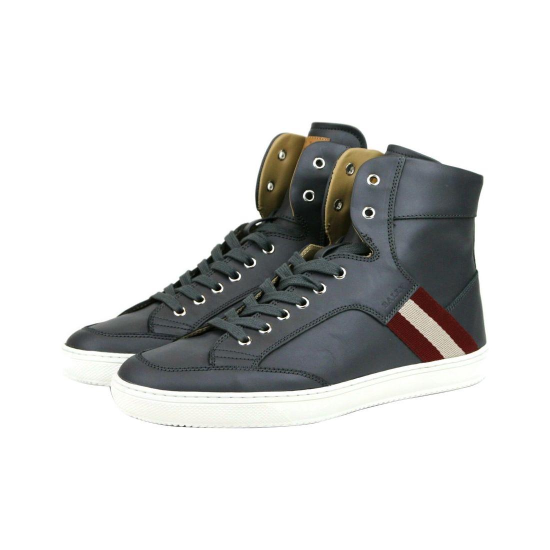 Bally Dark Grey Calf Leather Hi Top Sneaker With Red Beige Bally