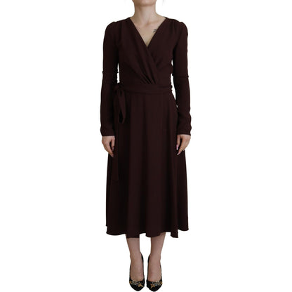 Dolce & Gabbana Brown Wrap Long Sleeve Midi Stretch Dress
