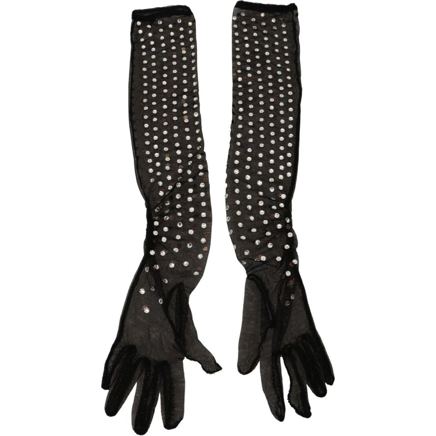 Dolce & Gabbana Black Crystal Elbow Length Cotton Tulle Gloves
