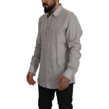 Dolce & Gabbana Gray Linen Long Sleeves Formal GOLD Shirt