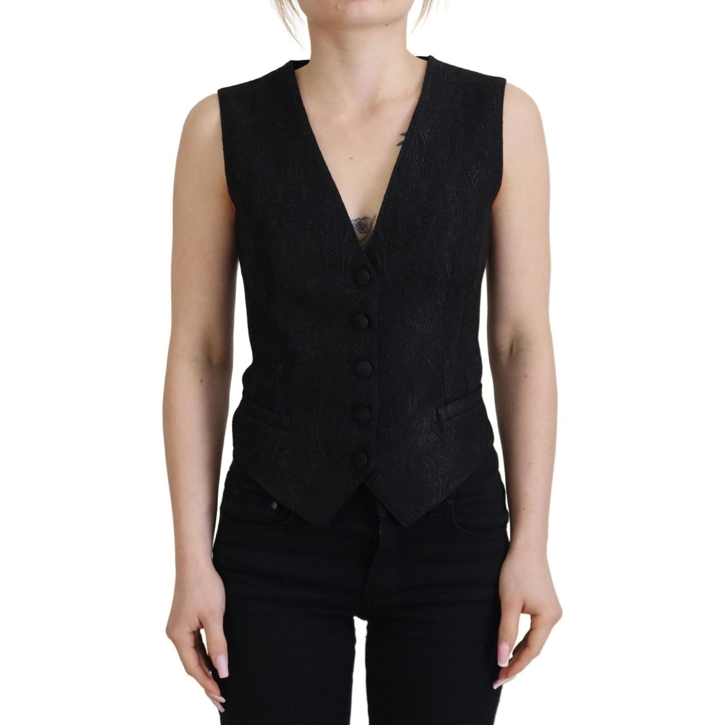 Dolce & Gabbana Black Brocade Button Down Sleeveless Vest Top Dolce & Gabbana