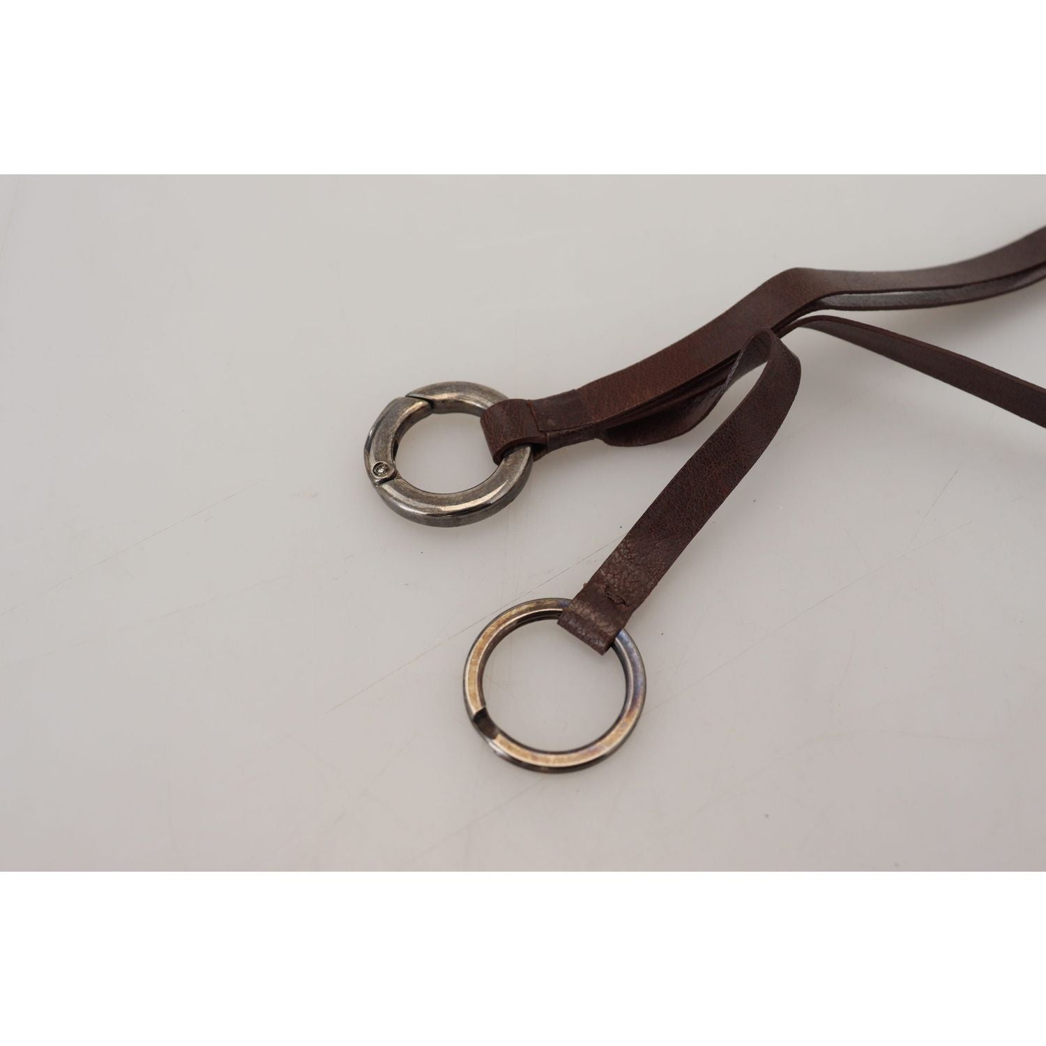 Costume National Brown Leather Silver Tone Metal Keyring Keychain