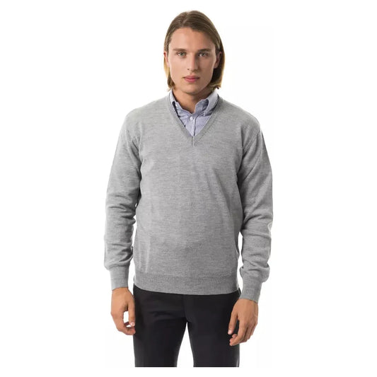 Uominitaliani Embroidered Wool V-Neck Sweater - Elegant Gray Uominitaliani