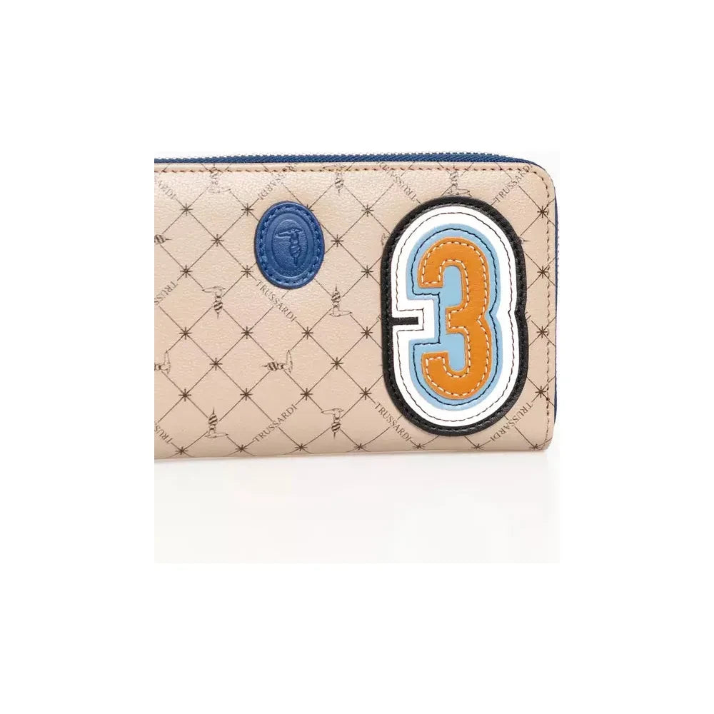 Trussardi Elegant Crepe Leather Zip Wallet in Beige Wallet Trussardi