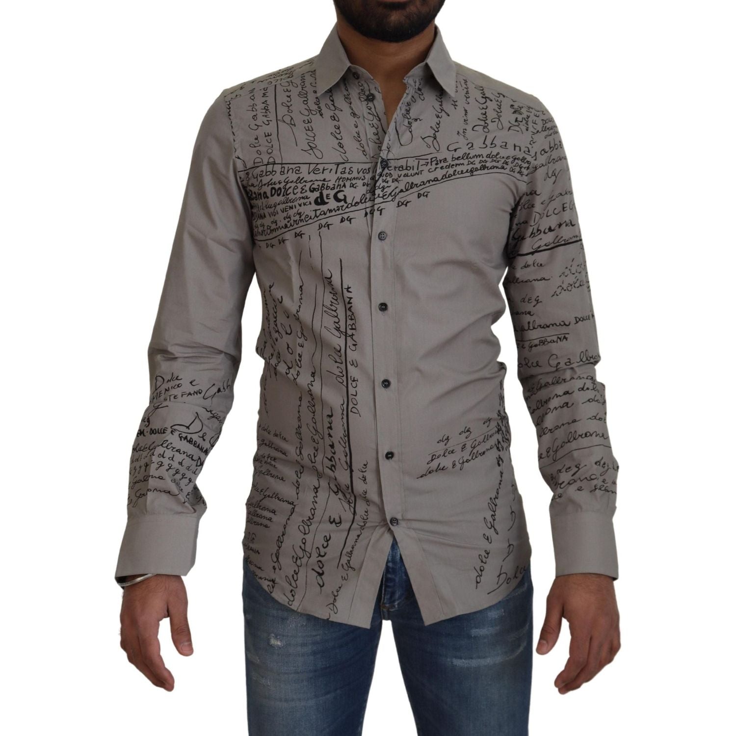 Dolce & Gabbana Gray Printed Cotton Slim Dress GOLD Shirt