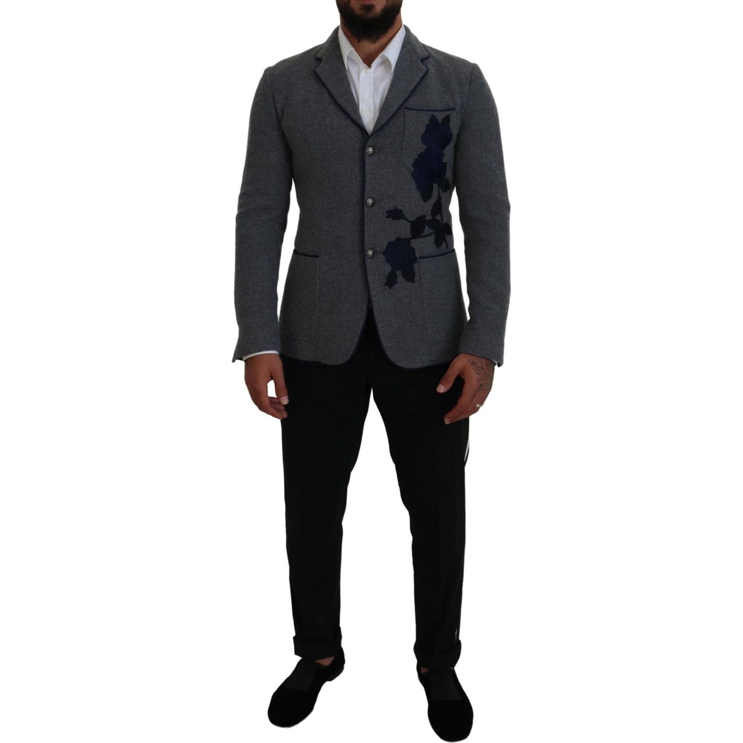 Dolce & Gabbana Gray Wool Roses Slim Fit Jacket Blazer