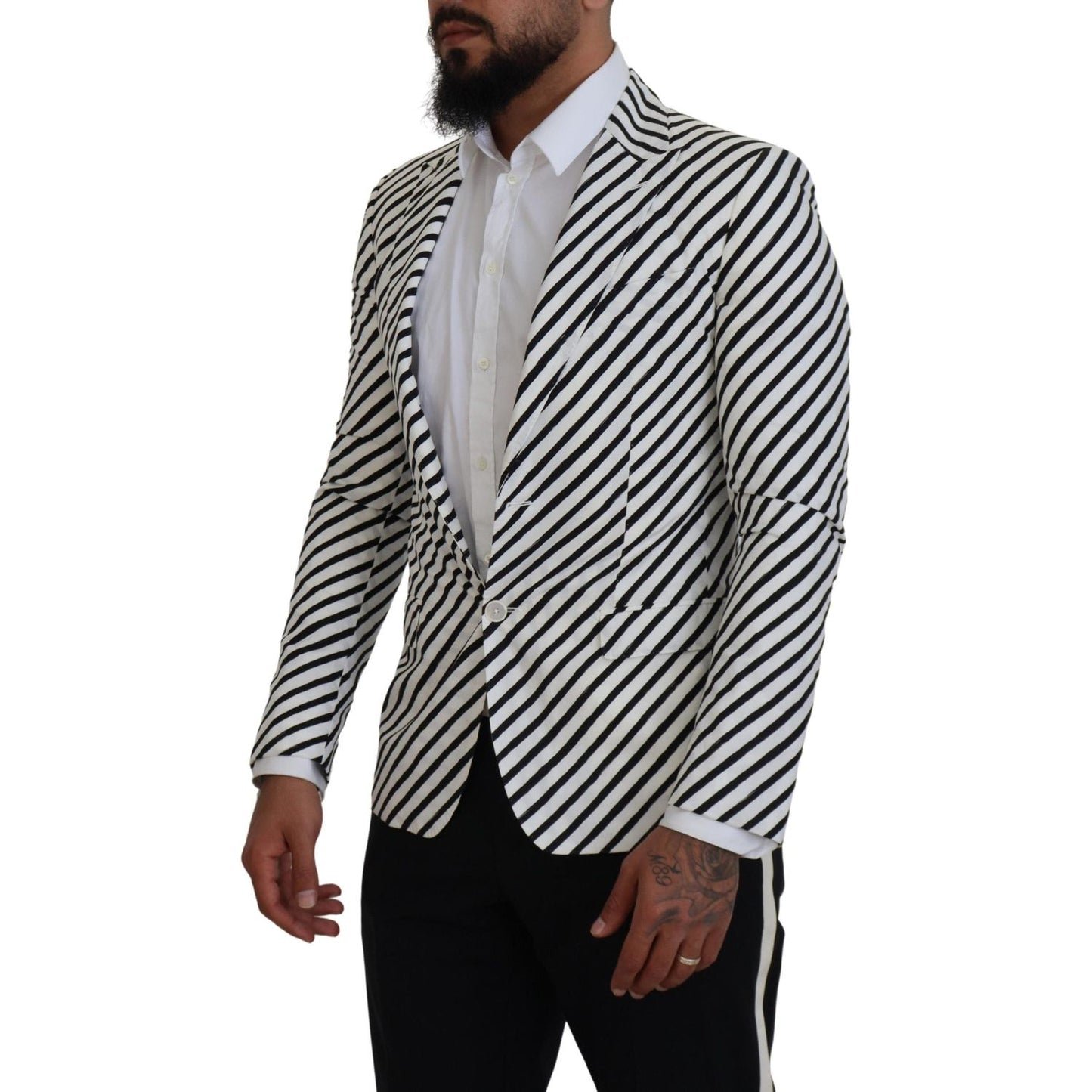 Dolce & Gabbana White Black Striped Slim Fit Jacket Blazer