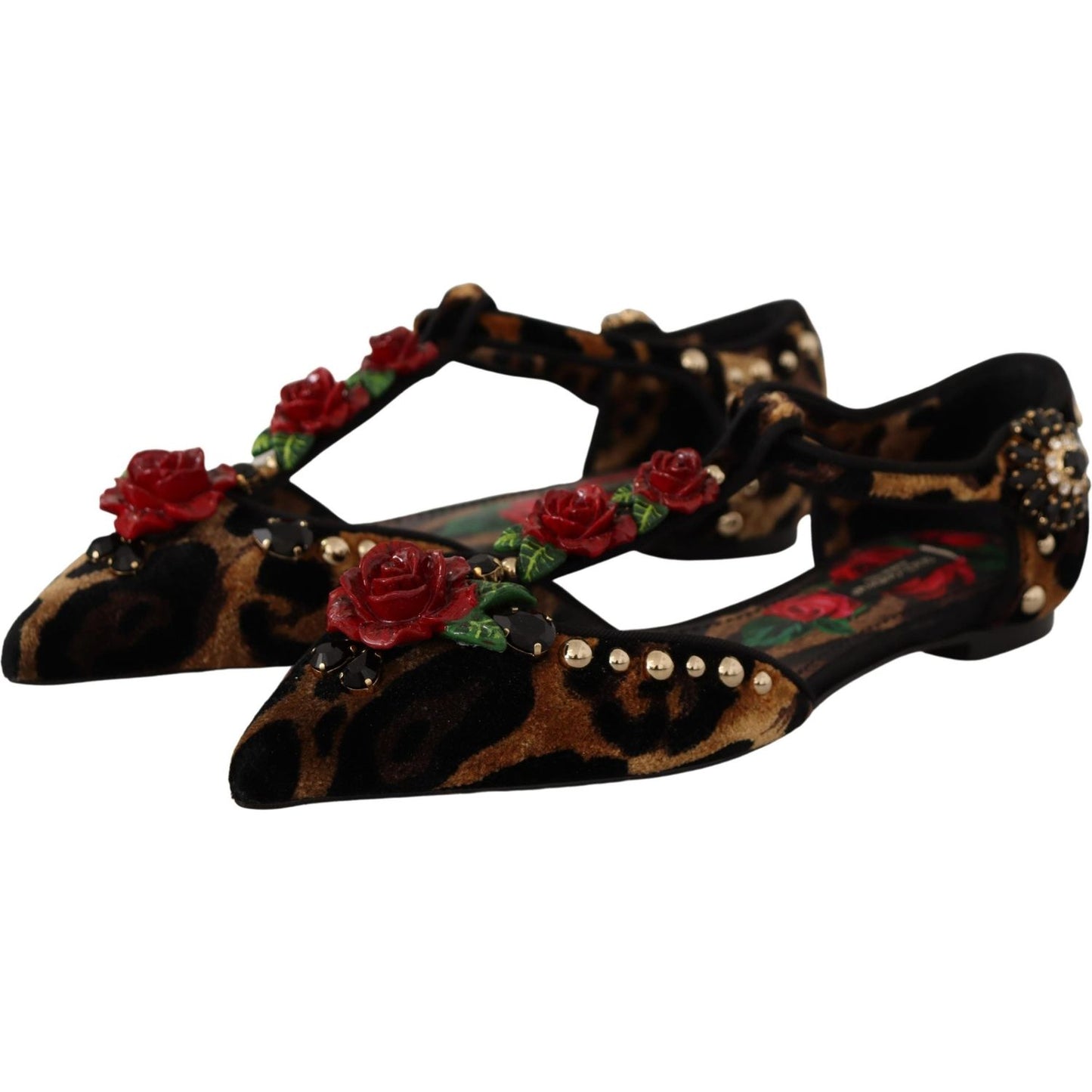 Dolce & Gabbana Floral Embellished Leopard T-Strap Sandals Dolce & Gabbana