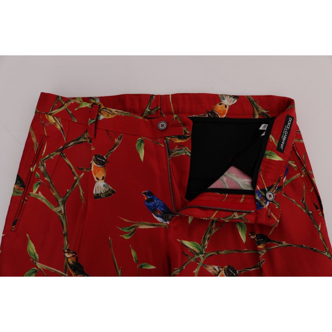 Dolce & Gabbana Elegant Silk Dress Trousers in Red Bird Print Dolce & Gabbana