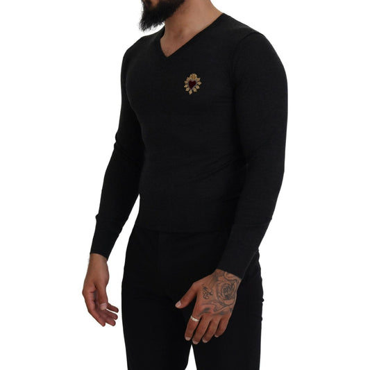 V-Neck Cashmere Sweater with Heart Embroidery