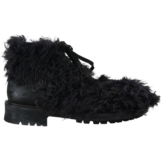 Dolce & Gabbana Black Leather Combat Shearling Boots Shoes