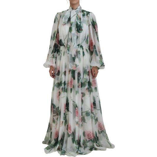 Dolce & Gabbana Elegant White Silk Maxi Dress with Rose Print Dolce & Gabbana