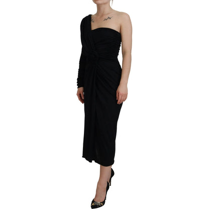 Dolce & Gabbana Black Wrap Sheath One Shoulder Wool Dress