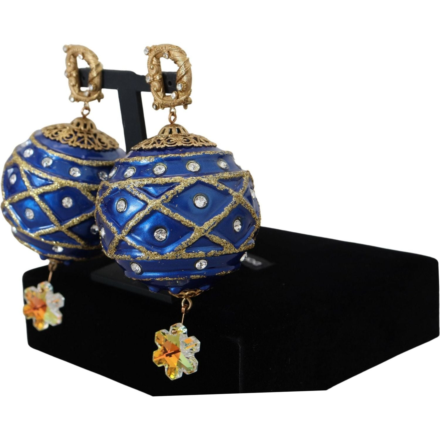 Dolce & Gabbana Gold Brass Blue Dangle Ball Crystal Clip On Earrings
