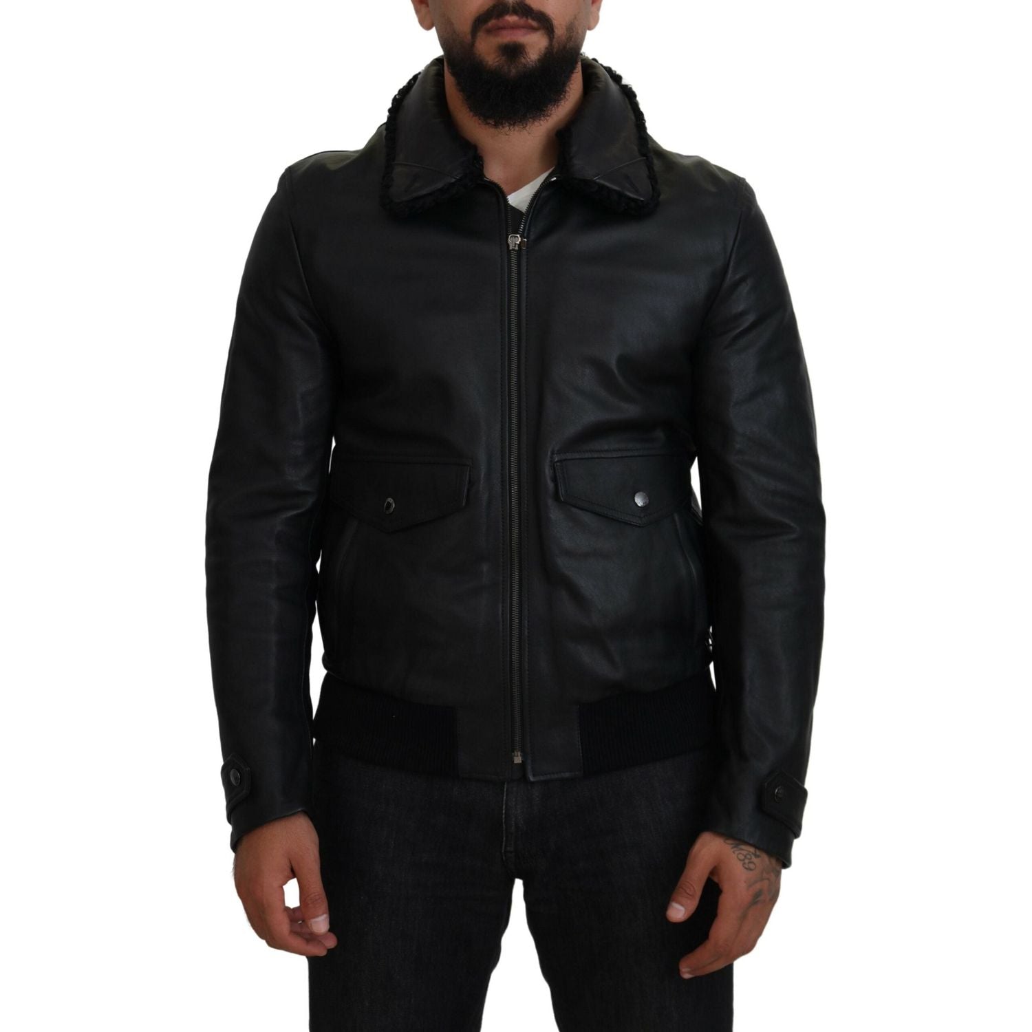 Dolce & Gabbana Black Lamb Leather Collared Men Coat Jacket