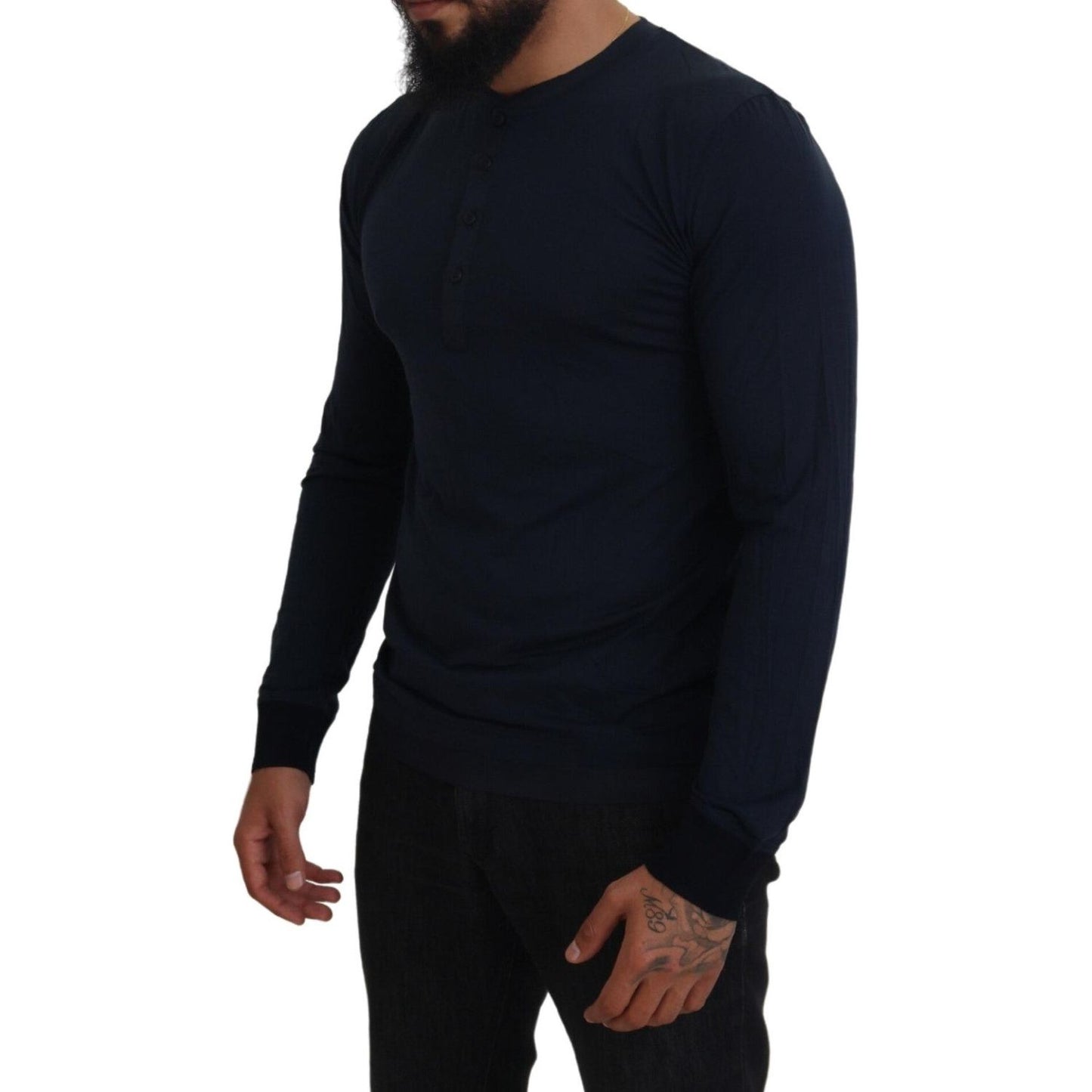 Dolce & Gabbana Blue Cotton Button Crewneck Pullover Sweater Dolce & Gabbana