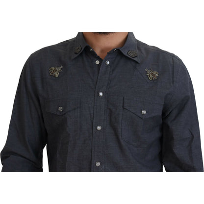 Dolce & Gabbana Blue Cotton Denim Crystal Bee Shirt
