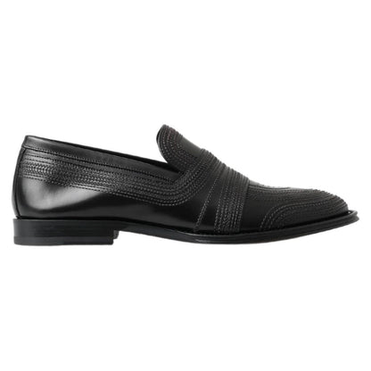 Dolce & Gabbana Black Leather Slipper Loafers Stitched Shoes