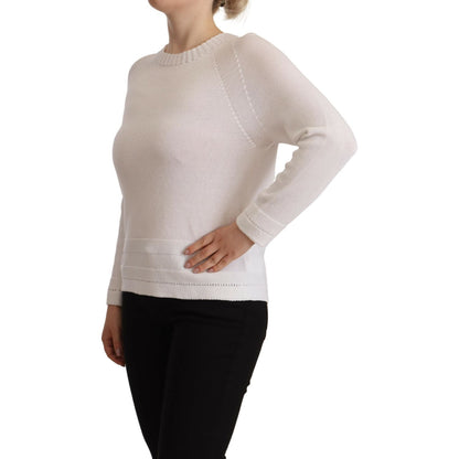 Alpha Studio White Long Sleeves Crewneck Pullover Sweater