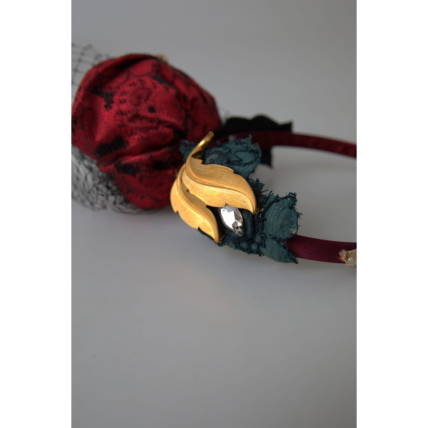 Dolce & Gabbana Red with multicolor Rose Silk Crystal Netted Logo Diadem Headband Dolce & Gabbana