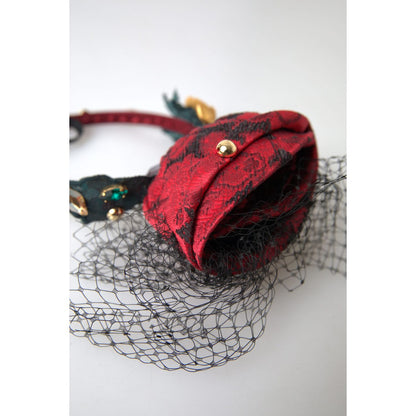 Dolce & Gabbana Red with multicolor Rose Silk Crystal Netted Logo Diadem Headband Dolce & Gabbana