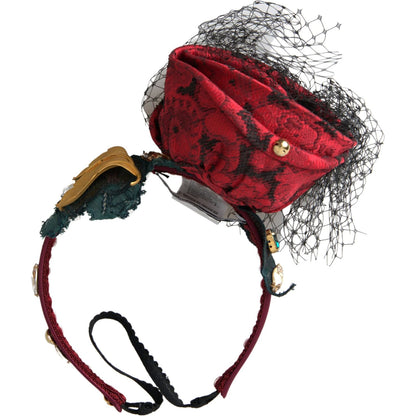 Dolce & Gabbana Red with multicolor Rose Silk Crystal Netted Logo Diadem Headband Dolce & Gabbana