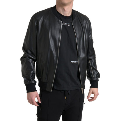 Dolce & Gabbana Black Leather Full Zip Bomber Men Jacket
