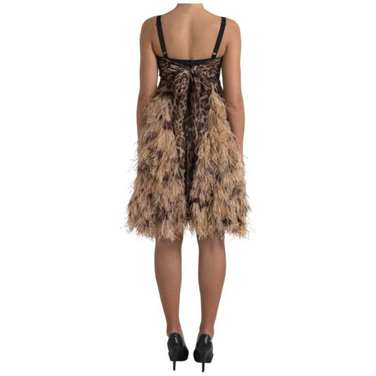 Dolce & Gabbana Sleeveless Leopard Chiffon Ostrich-Feather Dress Dolce & Gabbana