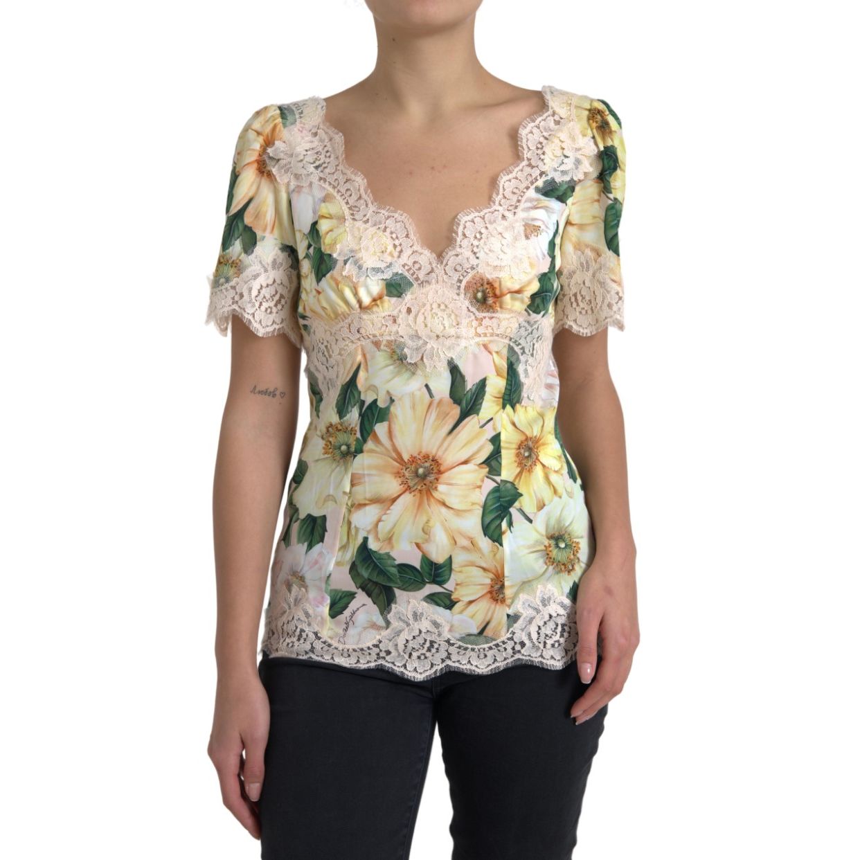 Dolce & Gabbana Multicolor Floral Lace V Neck Blouse