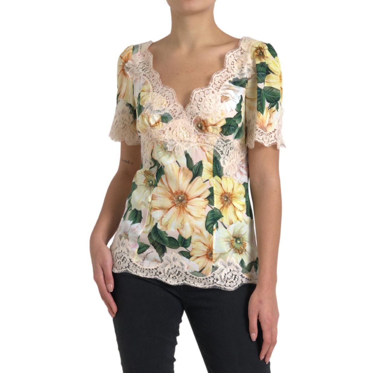 Dolce & Gabbana Multicolor Floral Lace V Neck Blouse