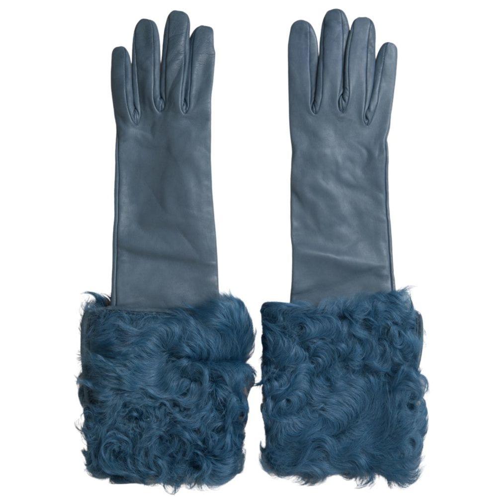 Dolce & Gabbana Elegant Blue Leather Gloves with Fur Trim Dolce & Gabbana