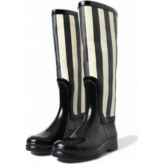 Dolce & Gabbana Black and White Striped Knee High Boots Dolce & Gabbana