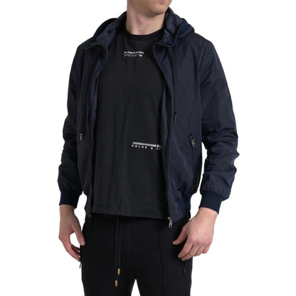 Dolce & Gabbana Blue Hooded Logo Polyester Full Zip Sweater