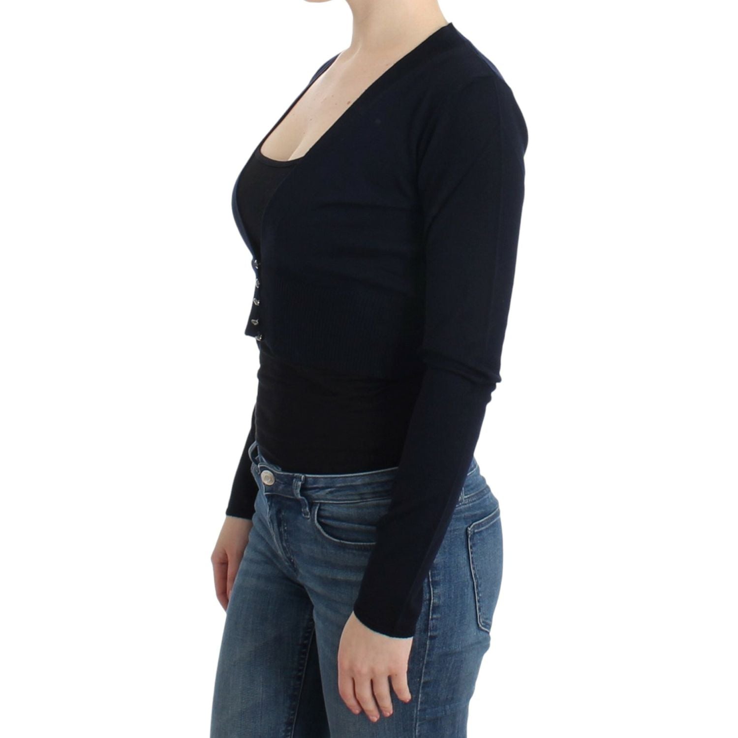 优雅黑色短款纯羊毛开衫