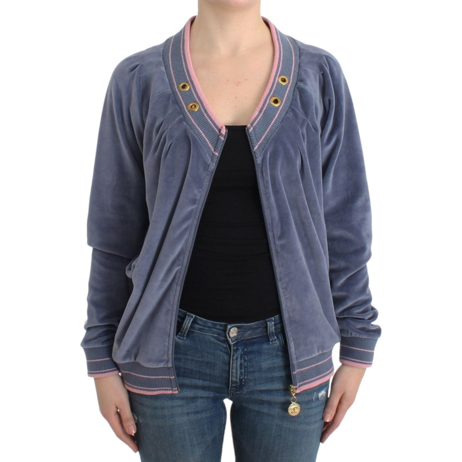 优雅蓝色拉链开衫，配金色细节