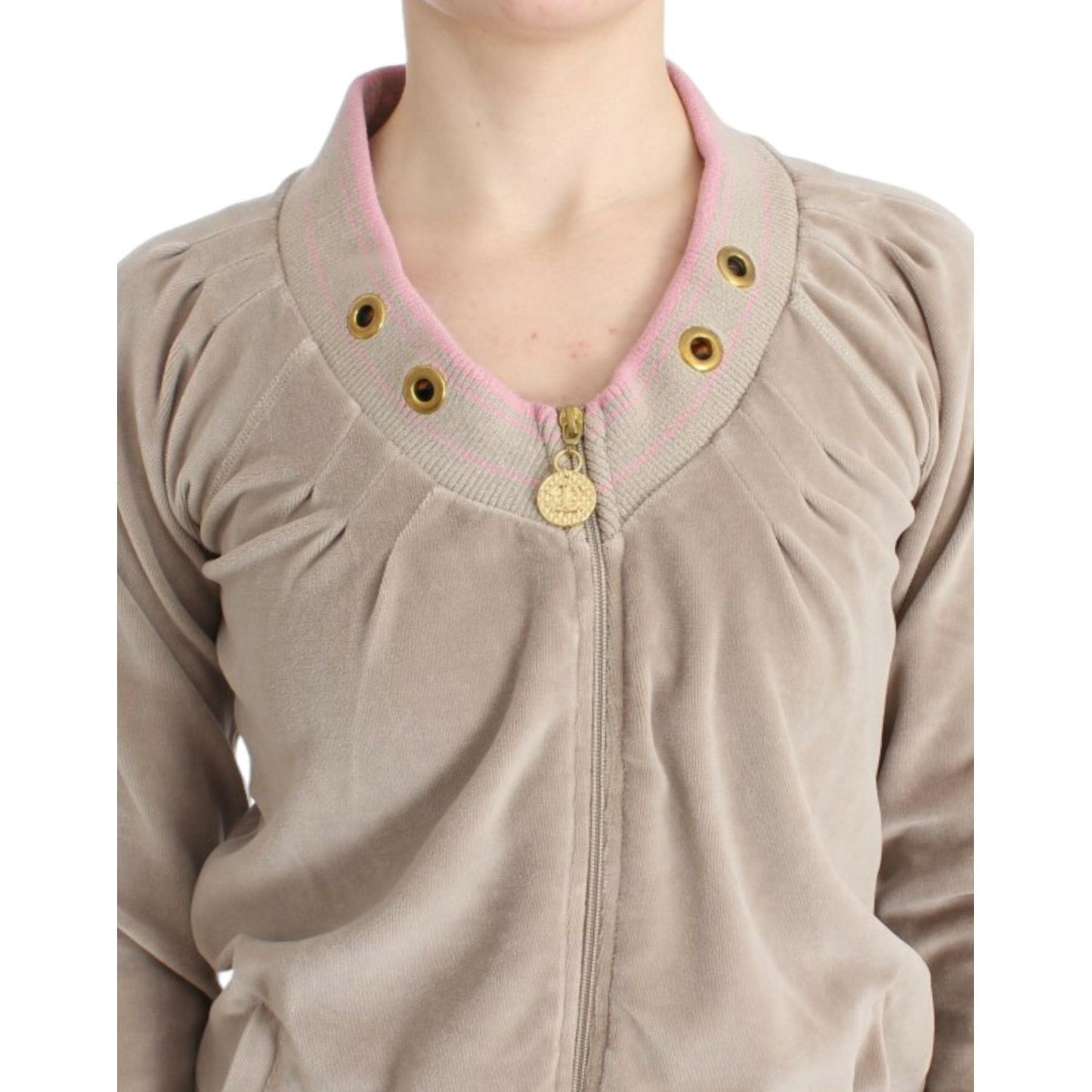 Cavalli Beige Zip Cardigan with Gold Tone Accents Cavalli