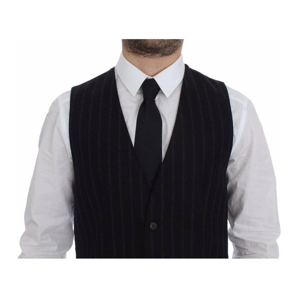 Dolce & Gabbana Black Striped Wool Logo Vest Gilet Weste