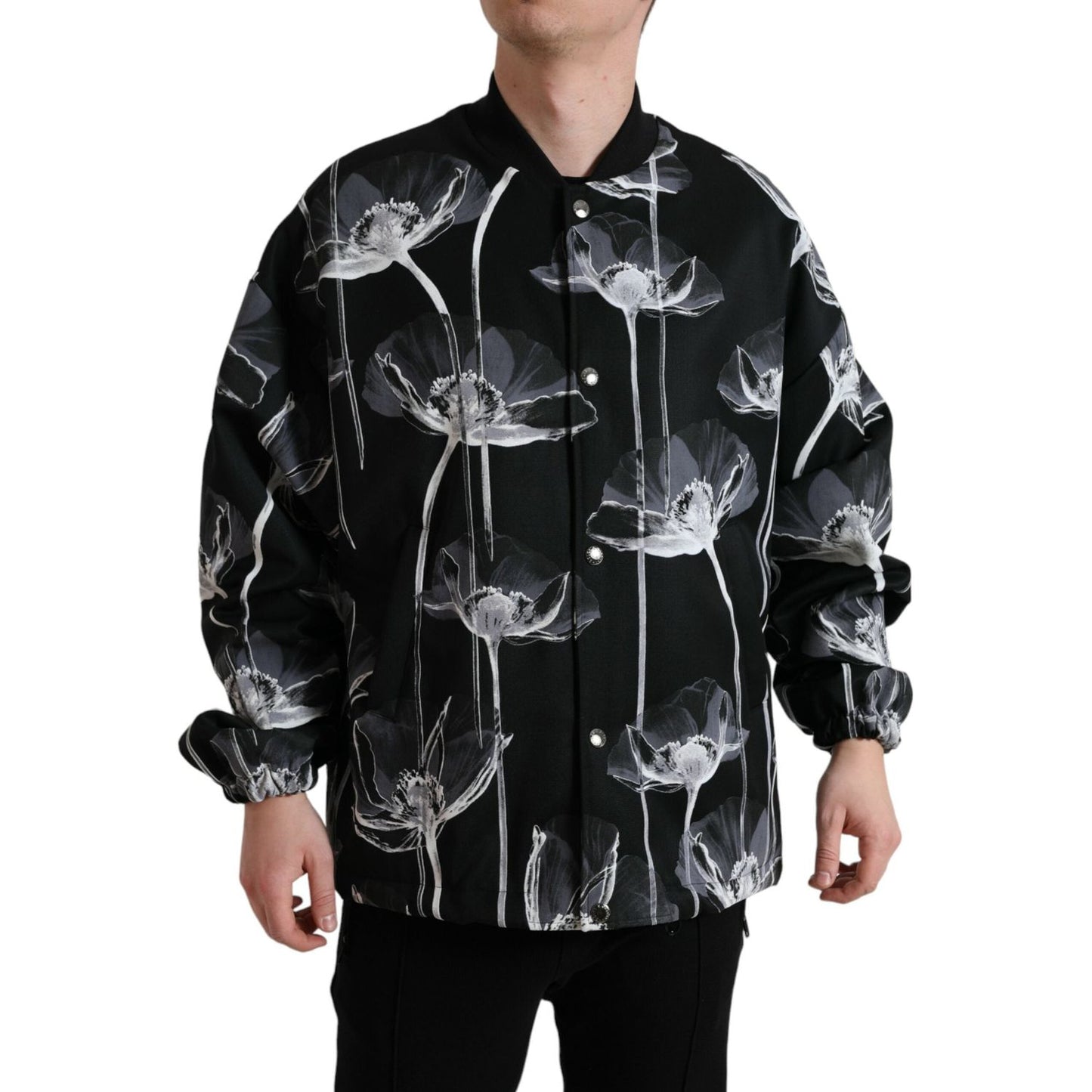 Dolce & Gabbana Black Floral Print Wool Button Down Bomber Jacket Dolce & Gabbana