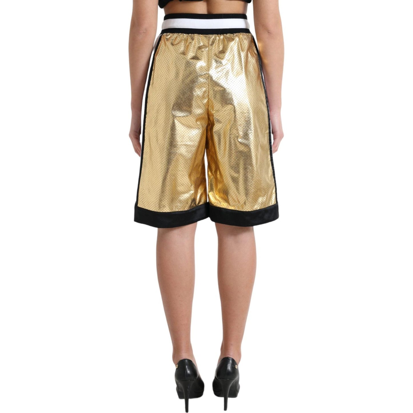 Dolce & Gabbana Gold Polyester Perforated High Waist Shorts Dolce & Gabbana